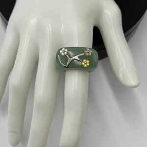 Jade Natural Icy Green Jadeite and MOP Flower Saddle Beautiful 14k Ring Sz 7.5-8